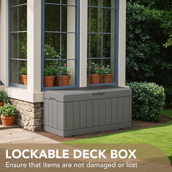 Devoko 85 Gallon Deck Box Lockable Resin Outdoor Storage Box waterproof Outdoor Container for Patio Furniture Cushions, Pillow (Grey) DEVOKO