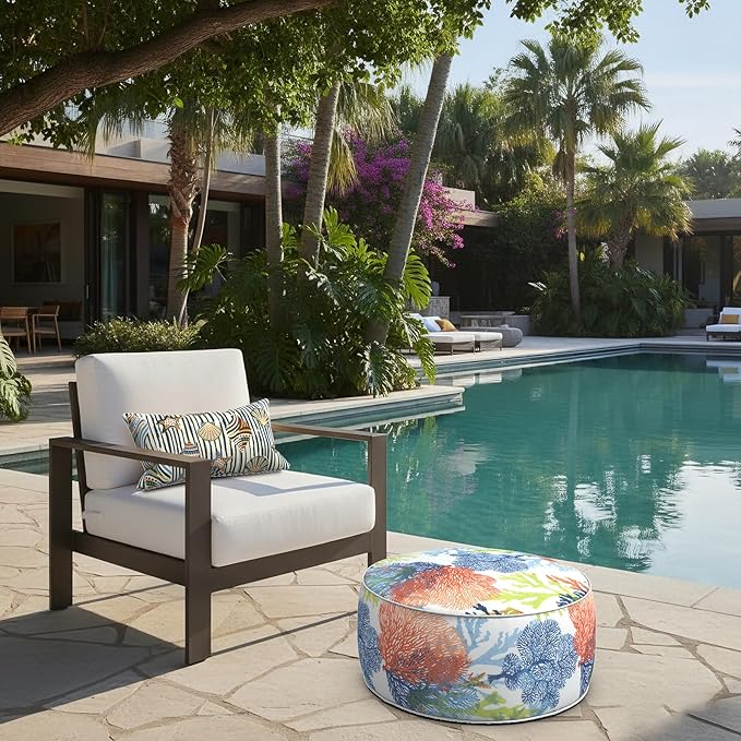 LVTXIII Outdoor Inflatable Footrest Stool, Patio Water Repellent Ottoman with Handle, Portable Round Ottoman Pouf for Garden, Balcony or Home Use, 21x21x9 Inch, Coral Multi LVTXIII