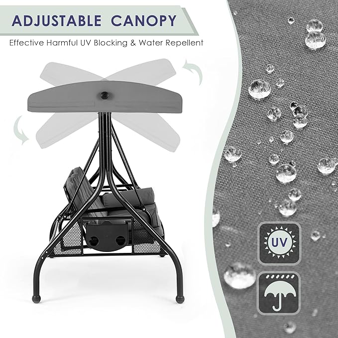 HOMREST 3 Seat Outdoor Porch Swing with 1.5" Deep Cup Holder, Adjustable Canopy,Patio Swing Bed with Stand, Patio Glider Swing with Thicken Cushions, Pillow（Grey） HOMREST