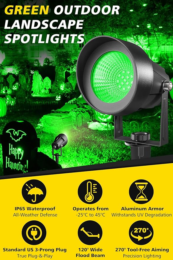 T-SUN Green Spotlight Outdoor, Waterproof LED Landscape Lighting with US Plug, Easy Install 270° Adjustable Outdoor Spot Lights for Garden Tree Yard Decor T-SUN