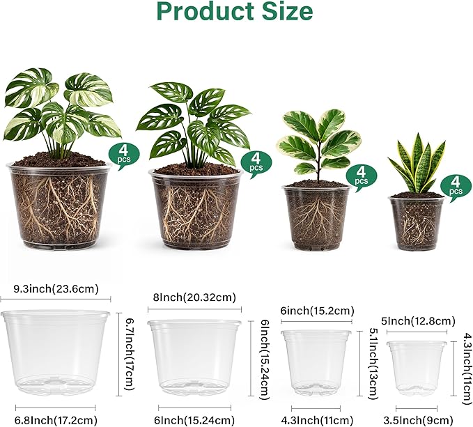 16 Pack 10/8/6/5 Inch Reinforced Large Clear Nursery Pots with Drainage Holes, Transparent Variety Pack Plastic Plant Pot for Vegetable Propagation, Root Cutting, Seed Starting Bluepro