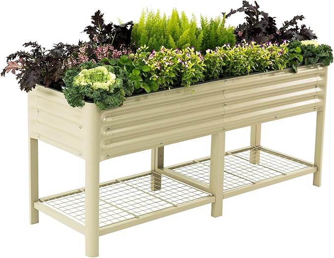 Elevated Raised Garden Bed-V Series, 2' x 6' Garden Beds with Legs & Storage Rack for Patio Porch, 1000 Lbs Weight Capacity, Outdoor Planter Boxes for Gardening Herbs Vegetables Flowers, Pearl White VegoGarden