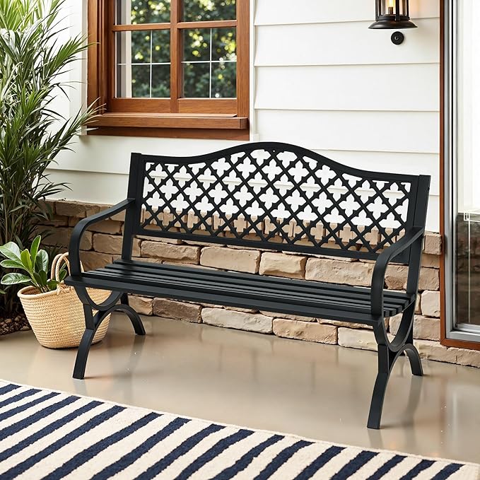MFSTUDIO 50" Lucky Clover Outdoor Bench, Black Cast Iron Back with Waterproof E-Coating, Durable Patio Garden Bench Park Chair, Black MFSTUDIO