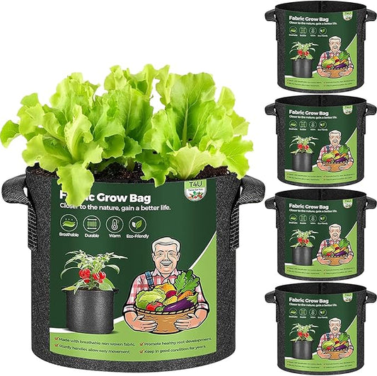 T4U 3 Gallon Grow Bags, Upgrade Grow Bags with Handles, Heavy Duty Thickened Nonwoven Fabric Pots, 3 Gallon Pots for Plants, Rosemary, Chamomile, Onion (5 Pack) T4U