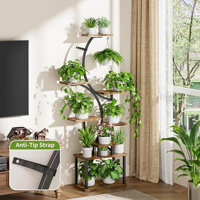 Plant Stand Indoor with Grow Lights - 62" Tall Plant Shelf, Lighted Corner Plant Stands for Indoor Growing, 8 Tiered Large Flower Holder, S-Shaped Decorative Rack for Living Room, Patent Design, Brown BACEKOLL