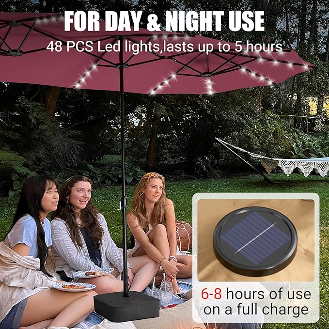 LEVELEVE 14FT Large Patio Umbrella with Base & Solar LED Lights - Double-Sided,Red Enjoyyourlife