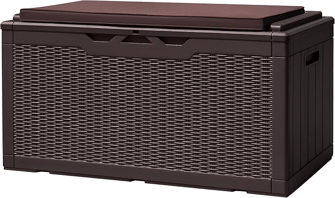Devoko 100 Gallon Deck Box, Waterproof Resin Outdoor Storage Box with Cushion for Outside and Patio, Large Outdoor Storage Bench Cabinet Lockable for Patio Furniture and Garden Tools (Deep Brown) DEVOKO