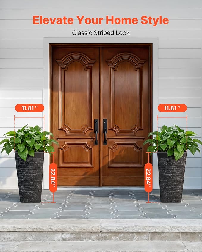VEVOR Set of 2 Tall Planters for Outdoor Plants 23 inch, Black Tall Planter for Indoor Plants, Modern Planters for Front Porch Patio Balcony, Plant Container Flower Pots with Built-in Drainage VEVOR