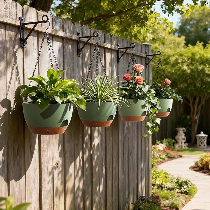 4 Pack 8 Inch Self Watering Hanging Planters for Indoor Outdoor Plants，Hanging Pots for Plants with Drainage Removable Tray, Hanging Baskets Flower Pots for Pothos Spider Garden Green with Brown UOUZ