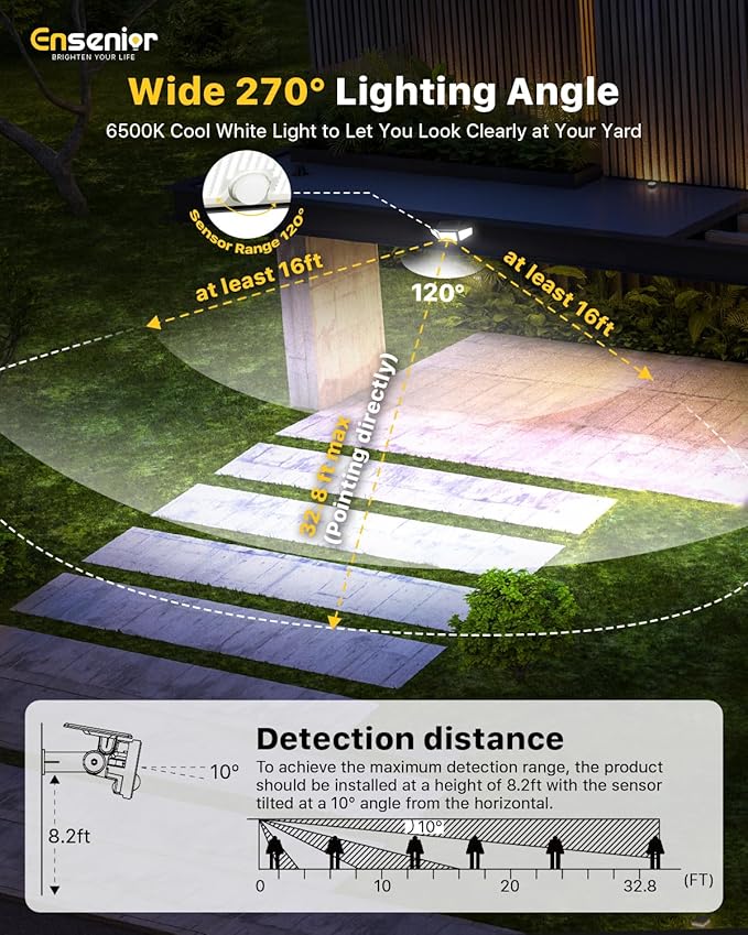 Ensenior Solar Lights Outdoor Motion Sensor, 2600LM 220 LED High Brightness, 3 Head 270° Wide Angle Flood Lights, Remote Control Security Lights 4 Modes, IP65 Waterproof Wireless Wall Light, 3 Pack Ensenior