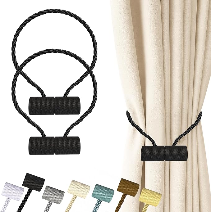 Hion Magnetic Curtain Tiebacks Black 2pcs, Curtain Tiebacks Buckles Holdbacks Holders Hooks Clip for Home Bedroom Office Decorative Curtain Hion