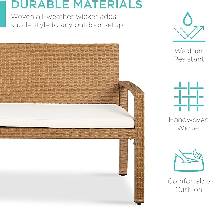 Best Choice Products Outdoor Bench 2-Person Wicker Garden Patio Benches Seating Furniture for Backyard, Porch w/Seat Cushion, 700lb Capacity - Ivory/Natural BestChoiceProducts