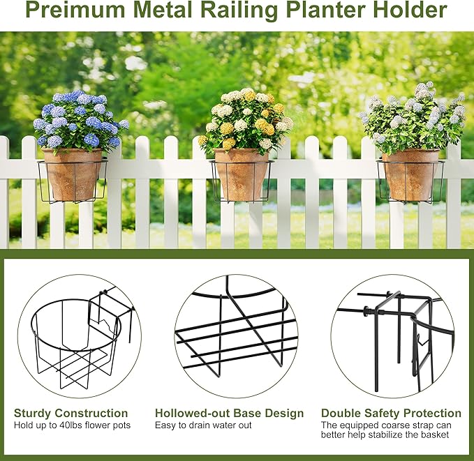 TQVAI 10 Inch Railing Planter - Fit for 3 to 5.5 Inches Railing - Adjustable Hanging Planters Outdoor Balcony Deck Flower Pot Holder Metal Baskets for Garden Orchid, Patio Ledge, 3 Pack, Black TQVAI