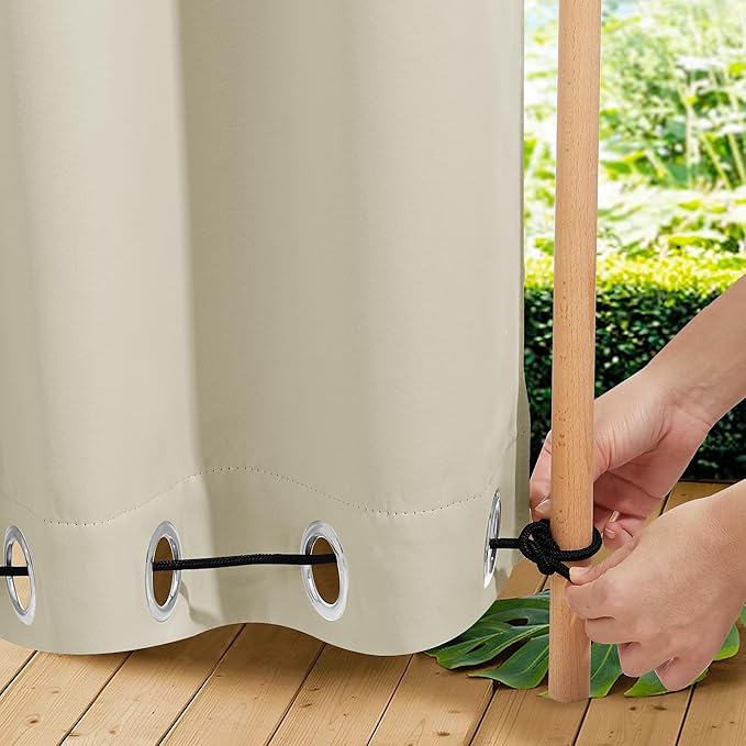 NICETOWN 2 Panels Waterproof Outdoor Curtains Fixed Grommet & Back Tab on Top & Bottom, Thermal Insulated Keep Rain & Sun Out Privacy Windproof Outdoor Draperies with Rope, W52 x L72, Beige NICETOWN