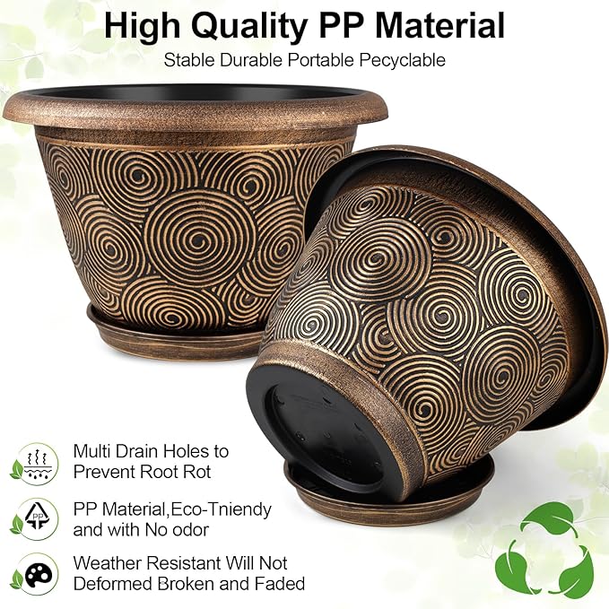10 Inch Flower Pots Planters for Indoor Outdoor Plants, 3 Pack Plastic Large Plant Pots with Drainage Hole & Tray, Modern Decorative Garden Pot with Saucer, Plant Container for House Fodetyff