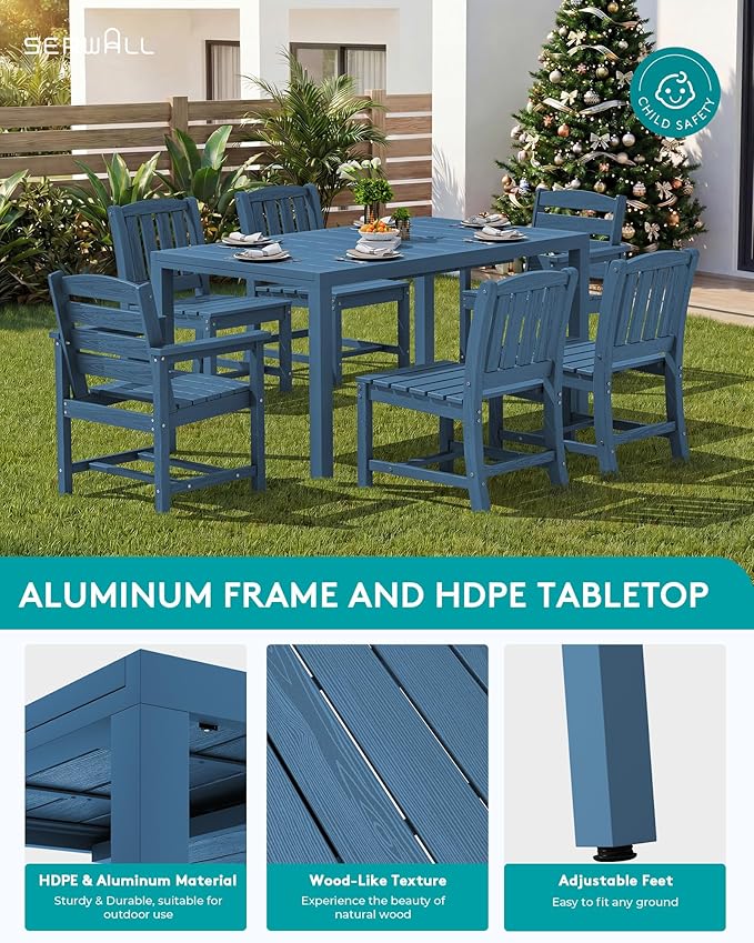 SERWALL 9-Piece Outdoor Dining Set, 60" - 83" Expandable Outdoor Dining Table and 8 HDPE Chairs, All Weather HDPE Outdoor Furniture Set for Backyard, Garden, Blue SERWALL