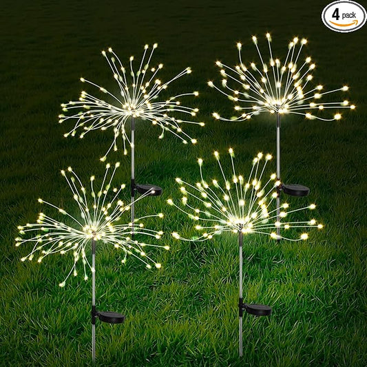 FOOING 4 Pcs Solar Garden Lights Solar Firework Lights, 480 LED Solar Powered String Light 2 Modes Twinkling Solar Lights for Garden, Wedding, Party, Patio(Warm White), 100182987 FOOING