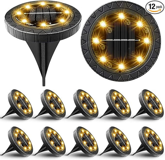 Solar Powered Ground lights 12 Pack,Waterproof LED Solar Lights Outdoor Solar Disk Lights Decorative,Solar Garden Lights for Landscape Pathway Patio Yard Walkway Path Lawn Driveway Lighting Warm White Kdorrku
