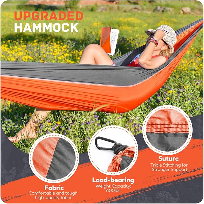 Camping Hammock Lightweight, Portable Hammocks Parachute Hammock with Two Tree Straps, Single or Double Travel Swing Nylon Camp Hammocks, Outdoor Essentials for Beach Backpacking Hiking, Orange Rootora