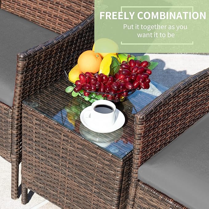 Greesum 3 Pieces Patio Furniture Sets Outdoor PE Rattan Wicker Chairs with Soft Cushion and Glass Coffee Table for Garden Backyard Porch Poolside, Brown and Gray BuynowfromGreesum