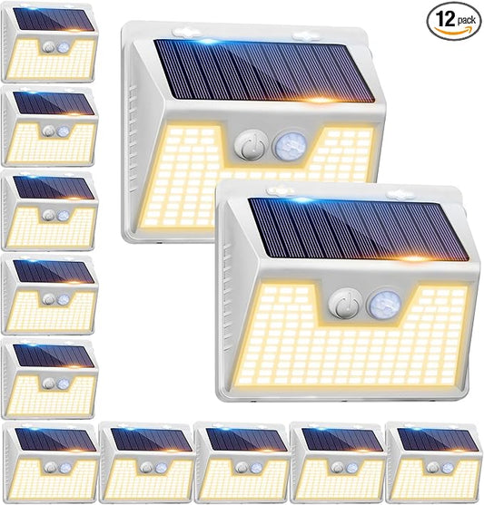 Peasur Solar Lights Outdoor Motion Sensor, 12Pack 140LED Waterproof Solar Powered Fence Lights, 3 Modes Solar Security Wall Lights for Garden Yard Outside(Warm White) Peasur