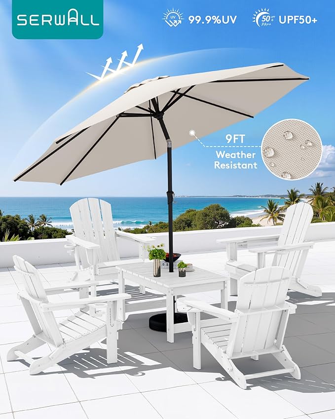 SERWALL Outdoor Coffee Table with 9FT Umbrella, HDPE Patio Coffee Table for Outside, Rectangle, White(Not Include Umbrella Base) SERWALL
