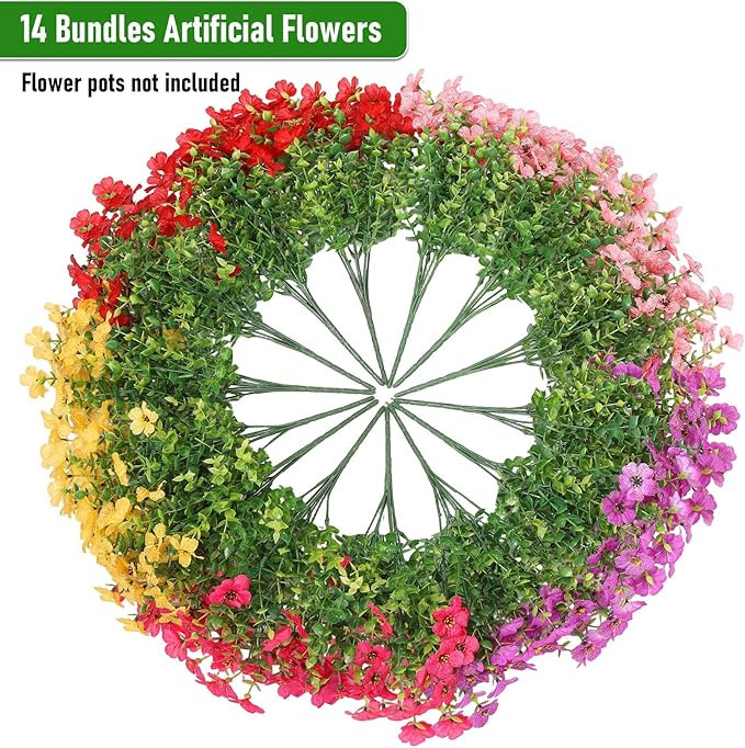 Artificial Flowers Outdoor Fake Plants, Faux Silk Flowers Plastic Plants for Outdoors Indoor Outside Front Porch Hanging Planter Window Box Garden Home Spring Decoration, 14 Pack (Mix) Powbrace