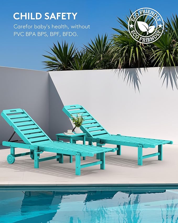 SERWALL Outdoor Chaise Lounge Set of 2 with 9FT Umbrella, HDPE Pool Lounge Chair with 5-Position Adjustable Backrest, Patio Lounger with Rolling Wheels & Cup Holder for Pool, Aruba SERWALL