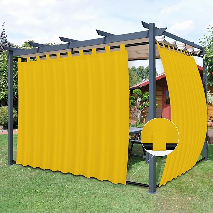 Easy-Going Outdoor Patio Curtains Detachable Tab Top Windproof Weatherproof Curtain for Cabana, Porch, Pergola and Gazebo, Tab Bottom Drape, 2 Panels, 110W x 84L inch, Yellow Easy-Going