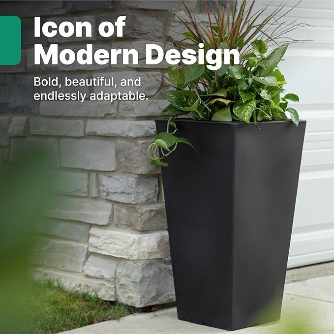 Step2 Tremont Tall Square Tapered Planter, 28", Indoor/Outdoor Plants, Efficient Drainage, Durable Resin, Onyx Black Step2