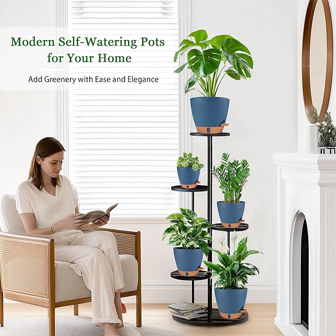 Self Watering Pots for Inoor Ourdoor Plants 8/7/6.5/6/5 Inch Plastic Planters with Drainage Holes & Water Level Indicator, Decorative House Flower Nursery Planting Pots with Saucers (Navy Blue) Fielda