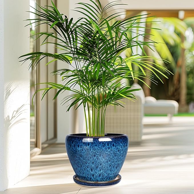 8 Inch Ceramic Plant Pot, Ceramic Planter Pot for Indoor Outdoor Plants, Round Flower Pot with Drainage Hole and Saucer, Blue Ceramicfor