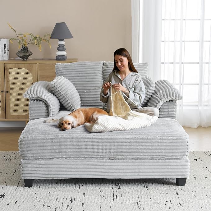 VINGLI 56" Oversized Chaise Lounge Chair, Light Grey Comfy Corduroy Chaise Sofa Recliner Bed Upholstered Sleeper Couch Bed with Throw Pillows and Armrests for Living Room, Movie Room, Bedroom VINGLI
