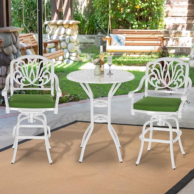 VIVIJASON 3-Piece Patio Swivel Bar Stools Set, All Weather Cast Aluminum Outdoor Bar Height Bistro Set with 2 Cushioned Bar Chairs & 31" High Bar Table w/Umbrella Hole for Backyard, Lawn, White VIVIJASON