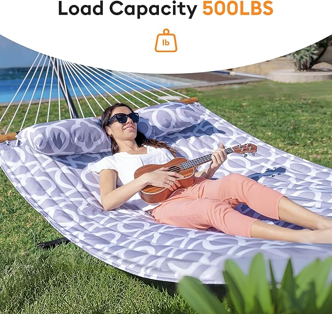 Double Hammock with Spreader Bar,Soft Pillow,Max Load 500lbs,Portable Hammock for Outdoor,Camping,and Backyard,White Gray Rootora