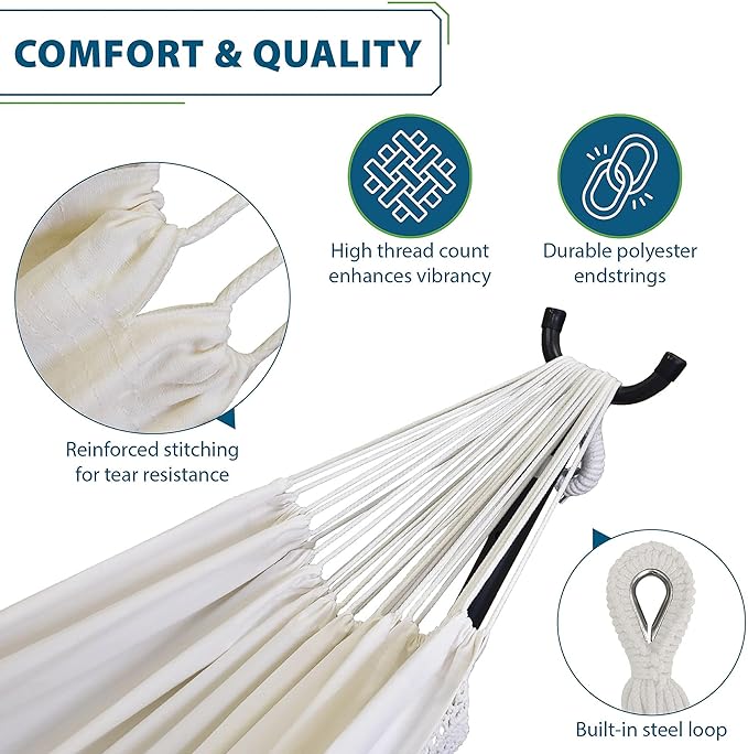Vivere Double Cotton Hammock with Space Saving Steel Stand, Upgraded Polyester End Strings 450 lb Capacity - Premium Carry Bag Included - USA Grown Cotton (Natural) Vivere