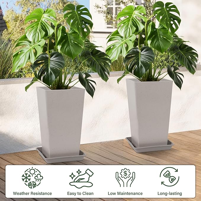 Set of 2 Tall Planter, 21 inch Large Plastic Planter with Drain Hole & Saucers, Large Outdoor Planters for Porch, Garden, Patio, Balcony(Light Gray) Neoaider