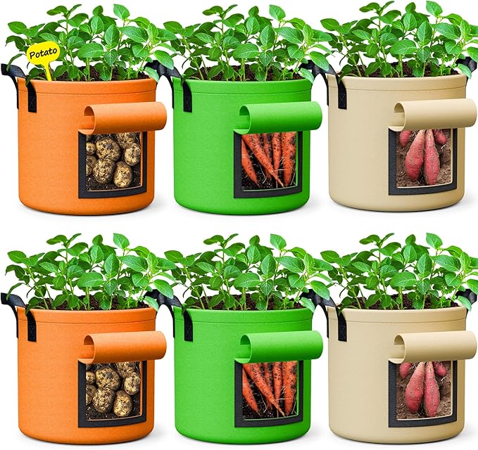 10 Gallon Potato Grow Bags - 6 Pack 350g Heavy Duty Thick Aeration Nonwoven Fabric Pots with Handles, Potatoes Grow Bags 10 Gal with Flap, Garden Bags for Growing Potatoes Plant Vegetables Flower RVZHI