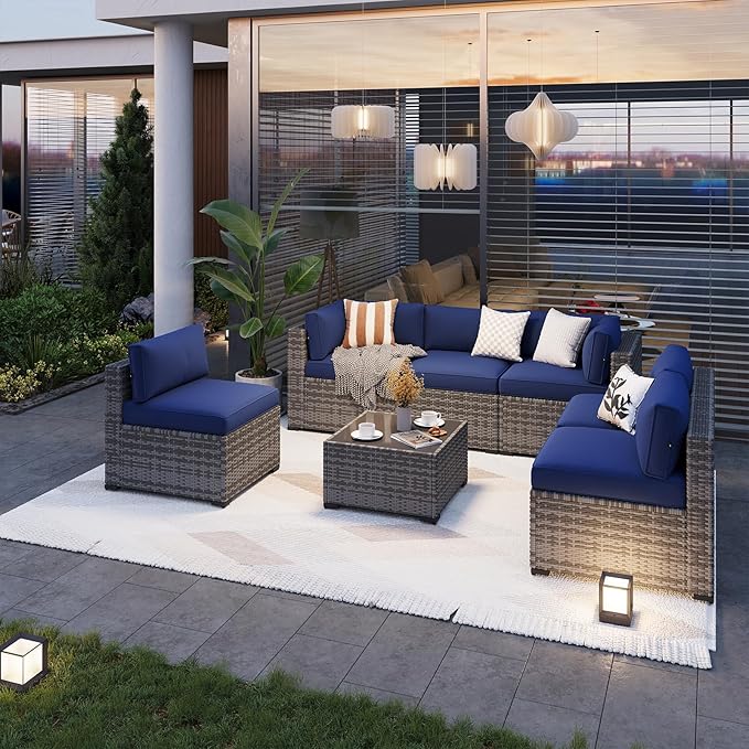 Aoxun Patio Furniture Sets, 7-Piece Outdoor Patio Furniture with Thick Cushions, Wicker Outdoor Conversation Set Sectional Sofa for Backyard, Poolside, Garden Aoxun