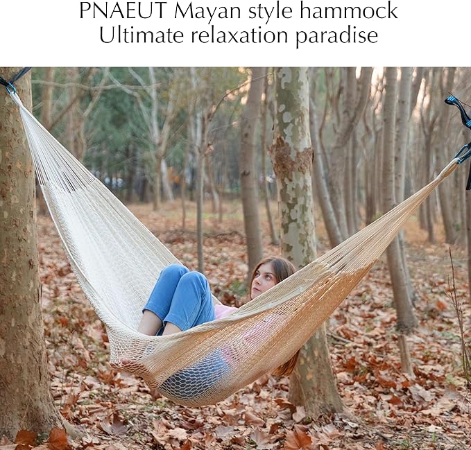 PNAEUT Handwoven Mayan Hammocks, Double Rope Hammock for Outdoor Outside & Indoor, Thick Soft 600 lbs Capacity Heavy-Duty, Includes Tree Straps, Carabiners & Carrying Bag (Nature, X-Large) PNAEUT