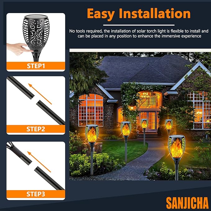 Upgraded Solar Lights Outdoor, 6 Pack Flickering Flame Solar Torch Lights with Super Larger Size for Outdoor Decor, Solar Garden Lights Waterproof Solar Flame Outdoor Lights for Patio Yard Pathway SANJICHA