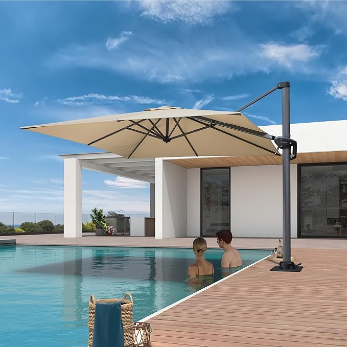 PURPLE LEAF 8' X 8' Patio Umbrella with Steel Plate Base for Pool 7' High Offset Outdoor Cantilever Umbrella Swimming Pool Umbrella with 360°Rotation for Poolside Beige PURPLELEAF