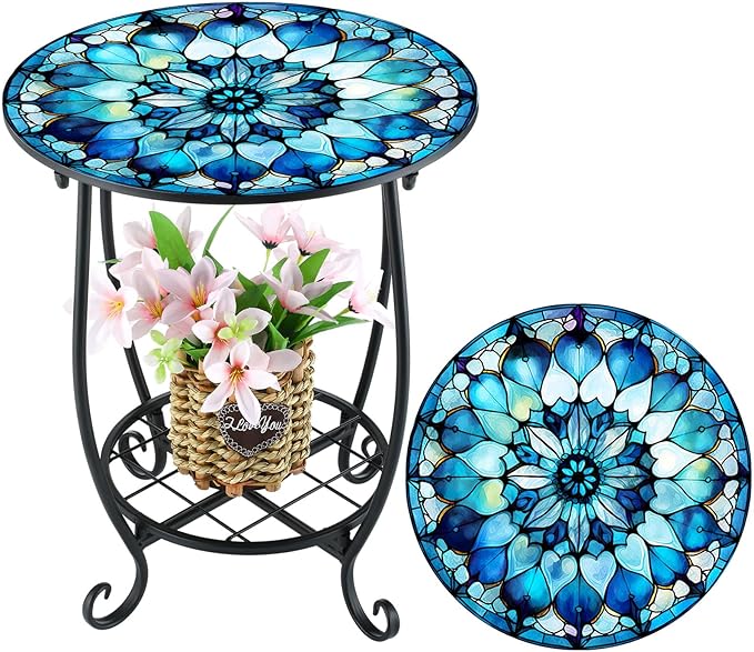 Outdoor Side Table Round Small Mosaic Patio Accent Indoor End Plant Coffee Tea Table for Yard Patio Porch Garden Living Room, Bedroom(Mandala Style,12 Inch) Cinnvoice