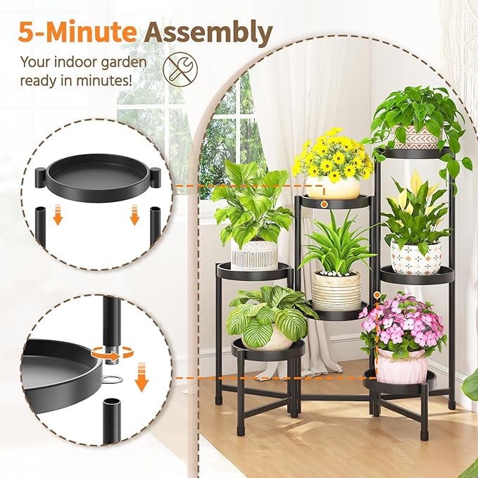 LASZOLA 7 Tiered Folding Tall Plant Stand Indoor for Multiple Large Planter, Heavy Duty Metal Adjustable Flower Rack for Narrow Corner, Sturdy Vertical Spiral Shelving Holder for Modern House, Black LASZOLA