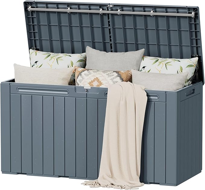 Flamaker Resin Deck Box 100 Gallon Large Lockable Outdoor Storage Box Waterproof for Patio Cushions, Tools, Pool Accessories (Gray) Flamaker