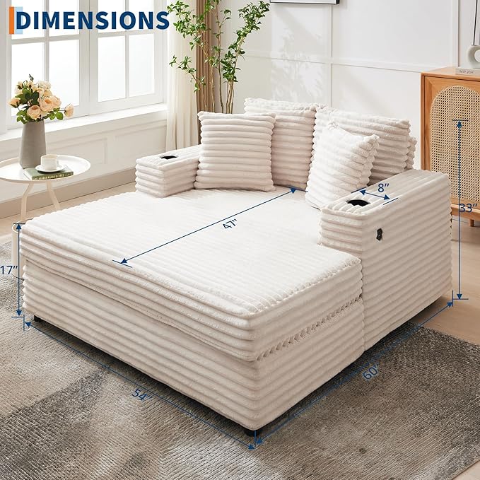 GarveeHome 60-inchOversized Chaise Lounge Chair Indoor, Comfy Corduroy Lounge Sofa with Charging Station, Cup Holders & Throw Pillows, Cozy Sleeper Couch for Living Room Apartments, Beige GarveeHome