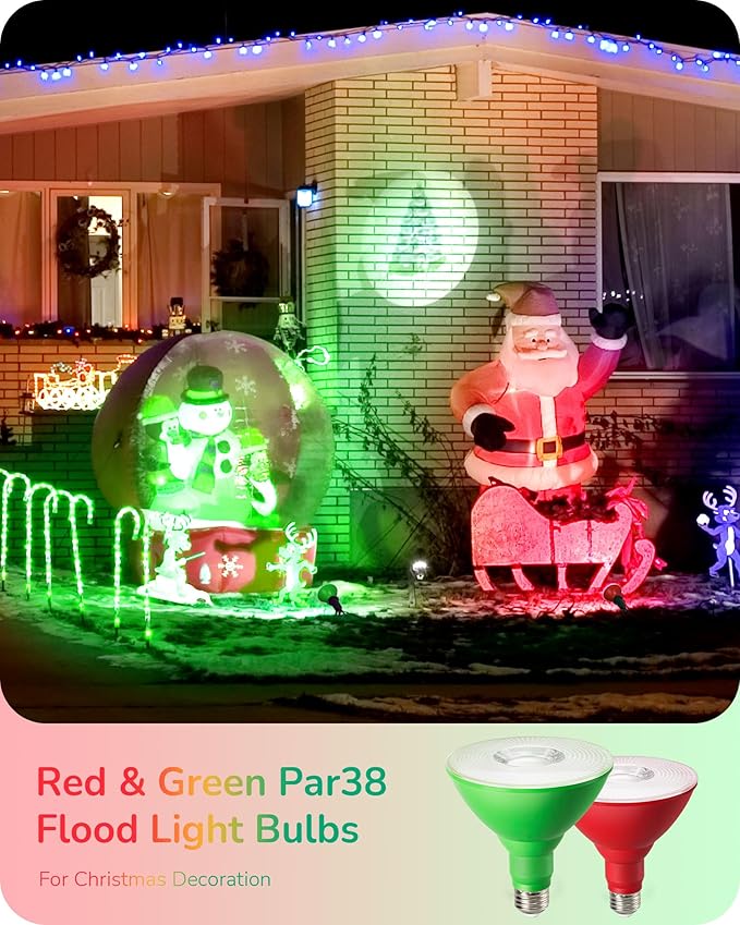 EDISHINE St.Patrick's Day/Easter Decorations PAR38 Red & Green LED Flood Light Bulbs Outdoor, Dimmable LED Light Bulb, 18W(120W Equivalent), Outdoor Weatherproof Light Bulb, E26 Base, 4 Pack EDISHINE