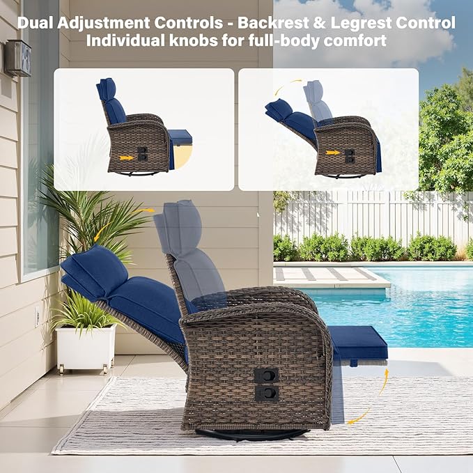 Belord Dual-Adjust Outdoor Swivel Recliner Chair – Wicker Reclining Patio Chair with Adjustable Backrest and Footrest, All-Weather Wicker Chaise Lounge Chair Outdoor for Pool Deck (2.0) Belord