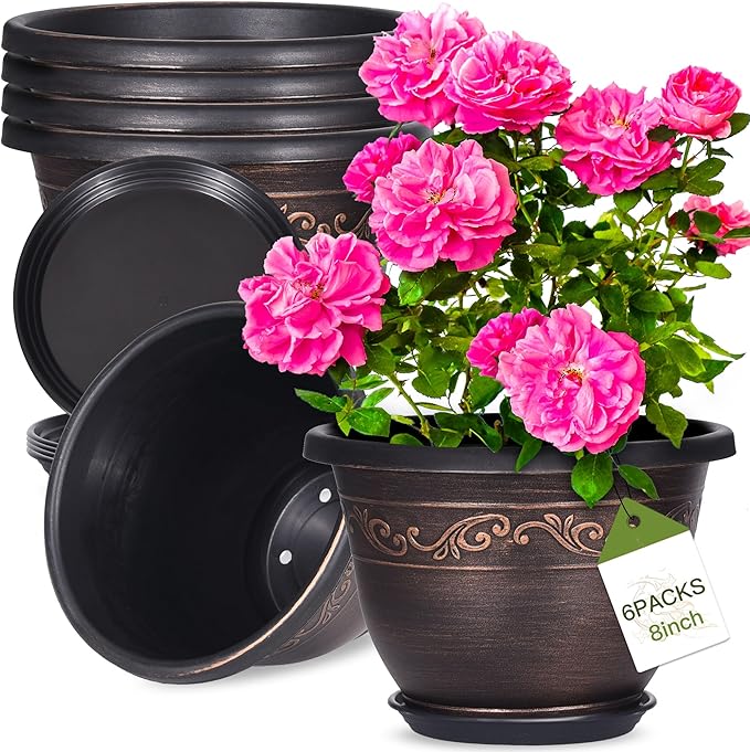 Plastic-Plant-Flower-Planters-8 Inch With Drainage Hole & Saucer, 6 Packs Lightweight Small Resin Flower Pot Indoor Outdoor, Retro Antique Imitation Decorative Garden Containers Sets For Houseplants Pottiffe