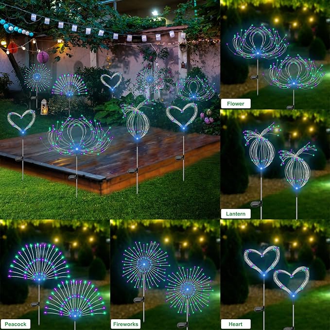 Solar Garden Lights Outdoor Waterproof, 2 Pack 120 LED Solar Firework Lights Decorative Garden Décor Outside for Flowerbed Pathway Party Halloween Christmas Decorations, Green + Purple Slyuexu